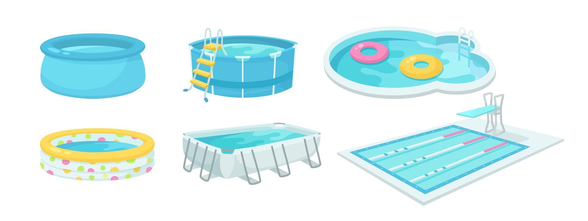 Schwimmbäder Cartoon Illustration Sammlung. Verschiedene Arten von aufblasbaren und Outdoor-Pools für draußen Sommer Aktivität.